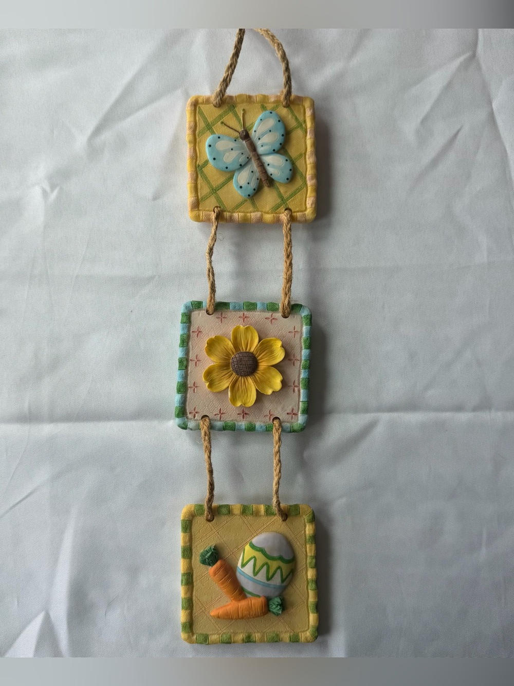 3 Tile Set Ceramic Wall Hanging Spring Decor Butterfly, Sunflower & Eggs Carrots